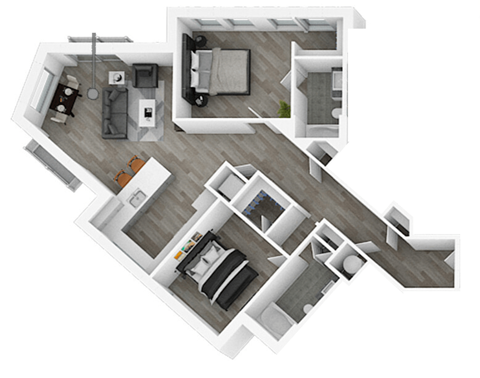 A top down view of a house interior with a kitchen, living room, and bedrooms.